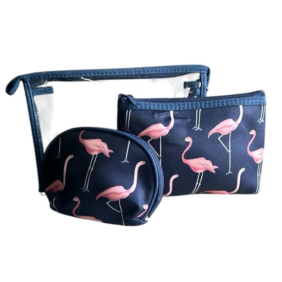 Flamingo Print Pink and Blue Cosmetic Bag Trio Set with free items NWOT - Picture 3 of 12